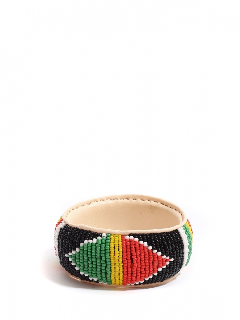 Leather African bracelet embellished with bright red, green, yellow and black beads Size M