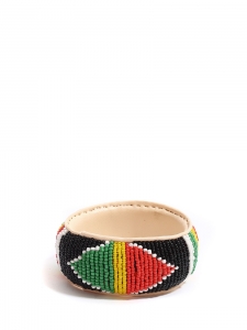 Bracelet africain en cuir brodé de perles rouge, vert, jaune et noir