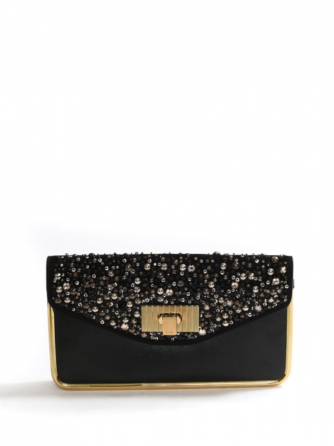 SALLY Swarovski crystal-embellished black leather clutch bag with gold lock Retail price €2700