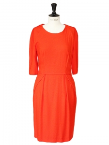 Rubis red crepe cinched and fitted long sleeves dress Retail price €950 Size 36