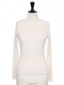Ecru white ribbed merinos wool turtleneck sweater Retail price $545 Size S