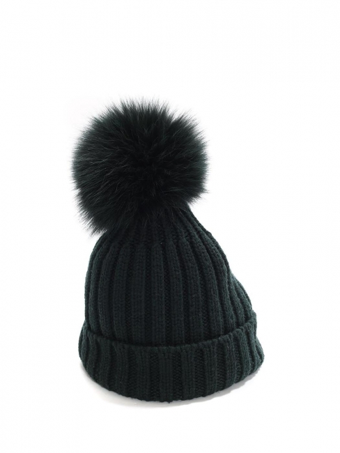 Dark green ribbed wool hat with fur pompon Retail price €275