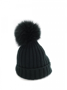 GIUVI dark green ribbed wool hat with fur pompon
