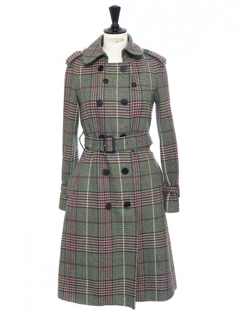 Green, prune and black plaid print wool trench coat Retail price €2500 Size UK 4