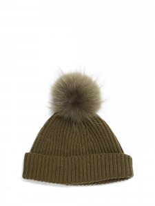 Khaki green knitted beanie / hat with faux fur pompon Retail price €150
