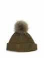Khaki green knitted beanie / hat with faux fur pompon Retail price €150