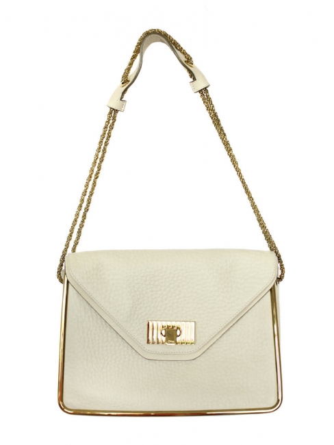 SALLY ecru white grained leather shoulder bag and gold chain Retail price 1710€