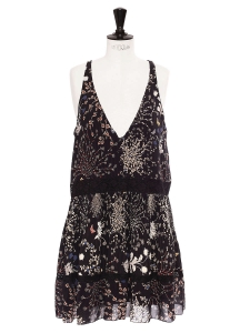 Botanical floral print black silk chiffon Deep V neck maxi dress Retail price €2895