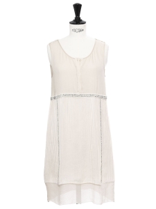 Ecru white pleated silk dress embroidered with Swarovski crystals Retail price €2000 Size 34