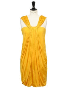 Golden yellow draped cocktail dress with large strap Retail price €1000 Size 36