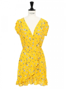 Sunflower yellow, blue and white flower print V neck wrap dress with ruffles Size S