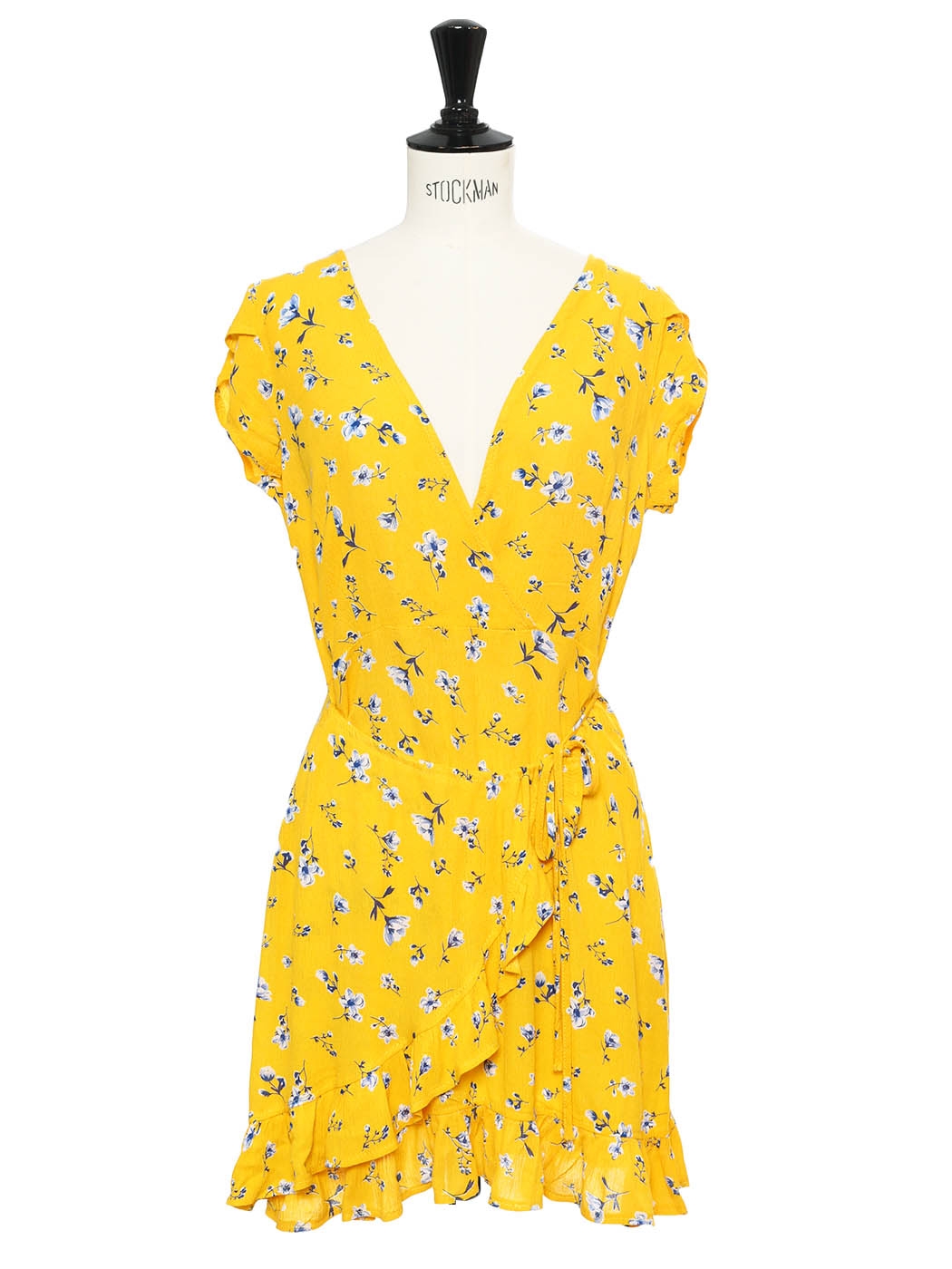 Boutique Sunflower yellow, blue and white flower print V neck wrap dress  with ruffles Size S