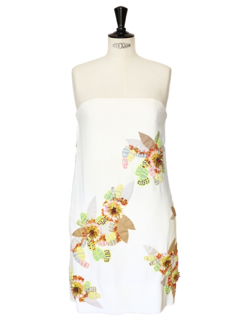 Multicolored flowers embroidered white silk strapless dress Retail price 3000€ Size 38