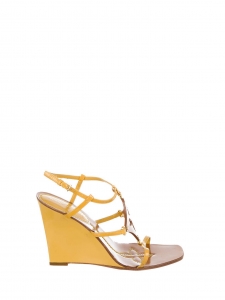 Tan brown leather and yellow patent leather wedge sandals Retail price $980 Size 38