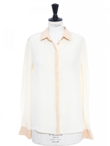 Ecru and beige pink long sleeves silk crepe shirt Retail price 800€ Size 38