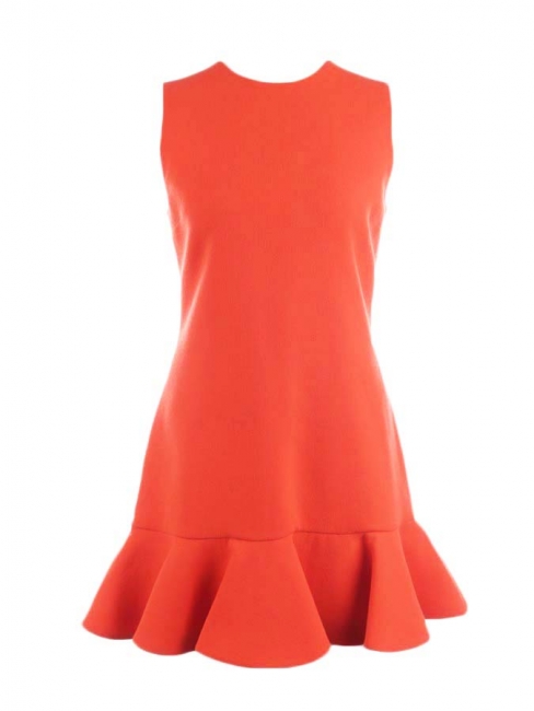 Orange red ruffled wool crepe dress Retail price $625 Size 42 (UK 12)