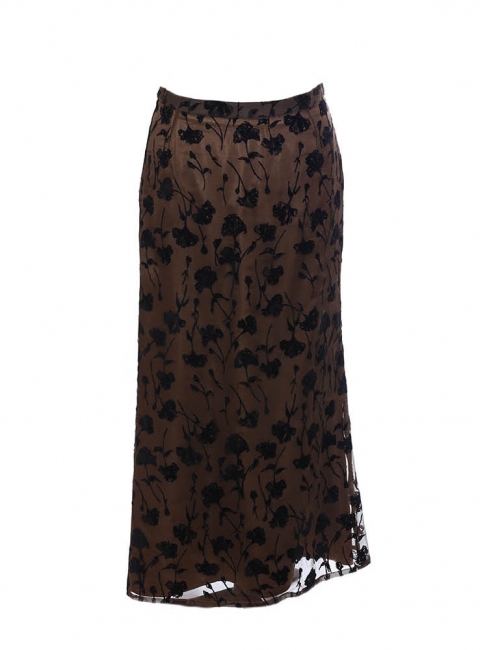 Brown silk maxi skirt printed with black flowers Retail price 800€ Size 36/38
