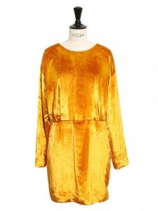 Long sleeves cinched gold yellow velvet dress Size 38