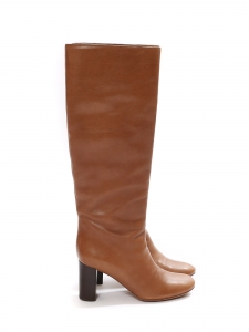 Cognac brown leather wooden low heel knee high boots Retail price €1000 Size 36