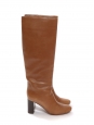 Cognac brown leather wooden low heel knee high boots Retail price €1000 Size 36