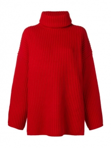 Pull DISA oversized col roulé en laine côtelé rouge vif Prix boutique $450 Taille S à M