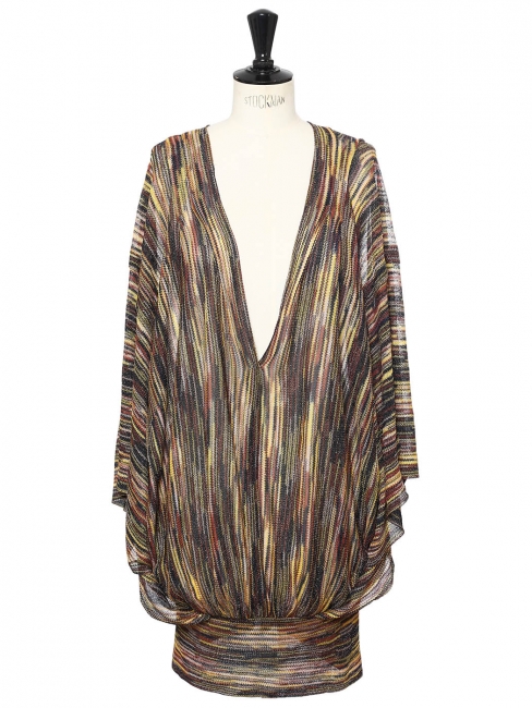 Dark blue, pale and yellow and burgundy metallic tunic dress with deep V neckline Retail price €1100 Size S