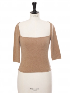 Short sleeves square neck camel cashmere wool top Retail price €600 Size 38