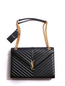 Large monogramme enveloppe bag in black textured leather with gold YSL signature NEW RRP €1950
