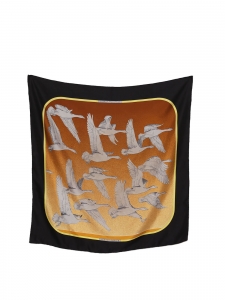 OISEAUX MIGRATEURS camel, grey, yellow and gold silk twill square scarf Retail price €350 Size 90 x 90