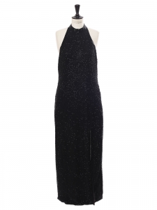 Black silk embroidered with beads evening maxi dress with open back, high slit and sleeveless Size L