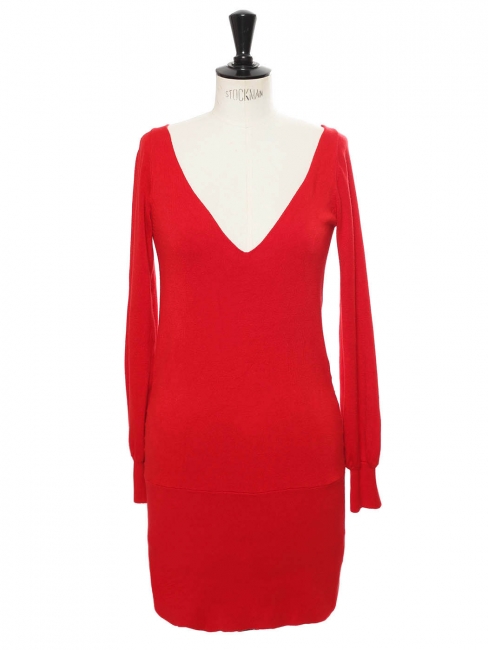 Bright red body con plunging sweet heart neckline and open back knit dress Retail price €1100 Size S