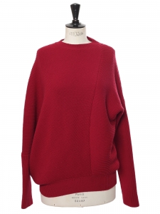 Burgundy red ribbed wool crew neck asymmetric sweater Retail price €750 Size S to M