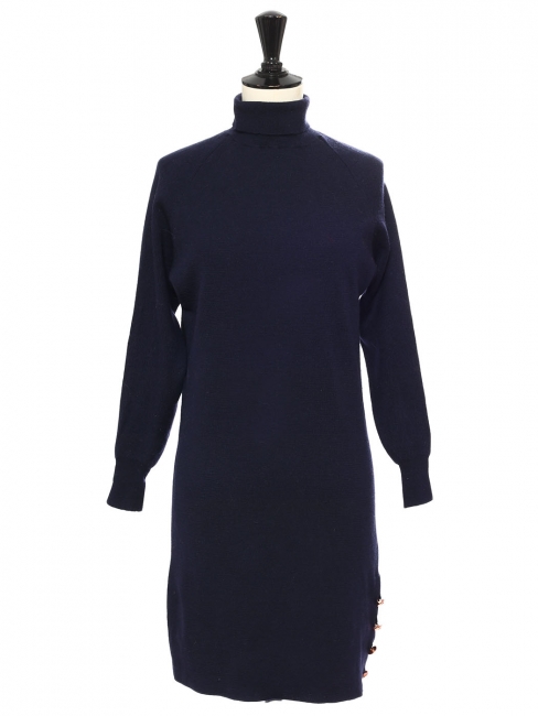 Turtleneck long sleeves navy blue and black knitted dress Retail price $475 Size XS