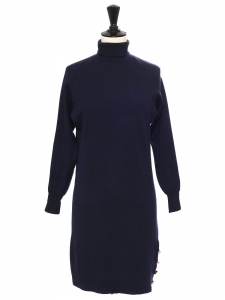 Robe col roulé manches longues en maille de laine bleu marine Prix boutique $475 Taille XS