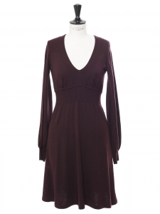 Long sleeves v neck burgundy prune wool knit dress Retail price €990 Size S