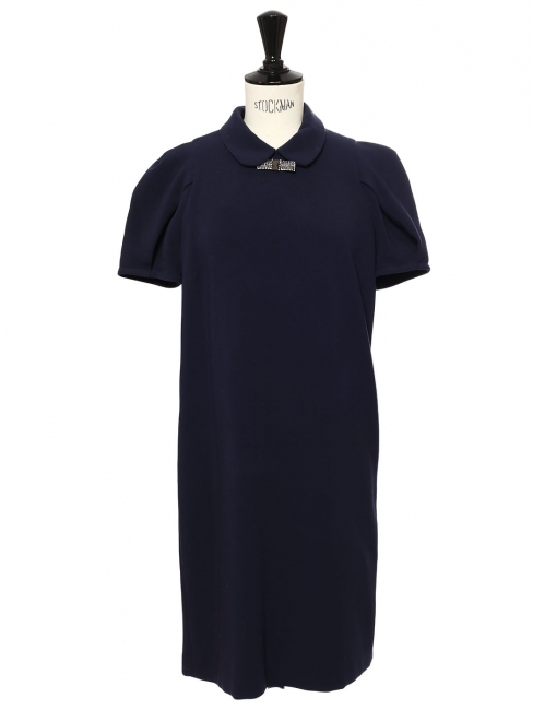 Ruthy navy blue jersey dress with peter pan collar and crystal bow size 36
