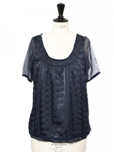 Short sleeves gold embroidered navy blue silk and velvet top Size S
