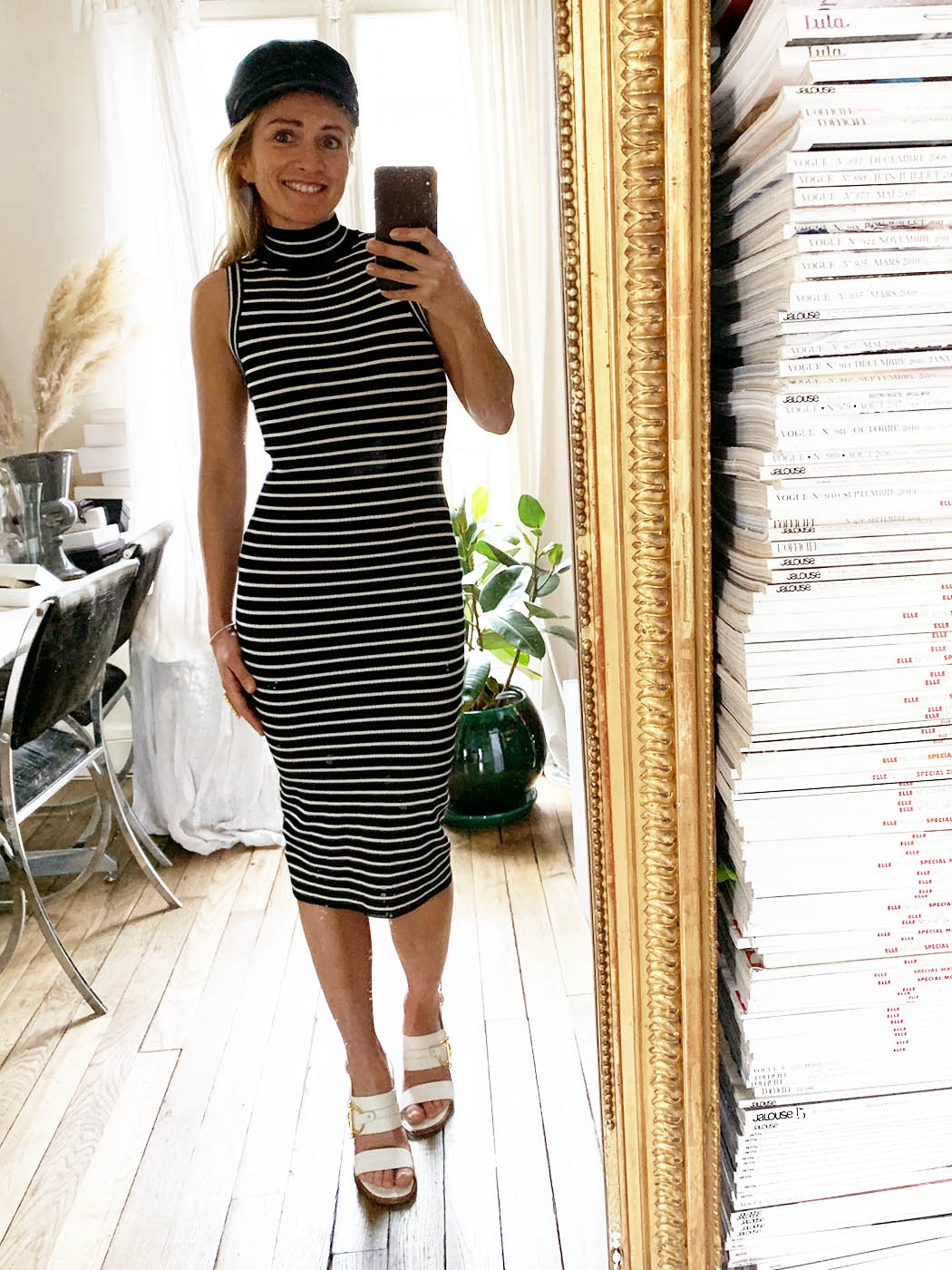 Boutique MICHAEL KORS Black and white striped ribbed sleeveless body con dress