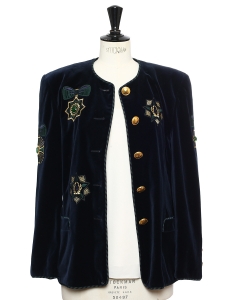 Veste en velours vert foncé brodée d'ornements et boutons dorés Taille 40