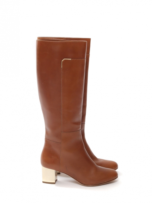 Cognac brown leather low heel knee high boots Retail price €750 Size 37