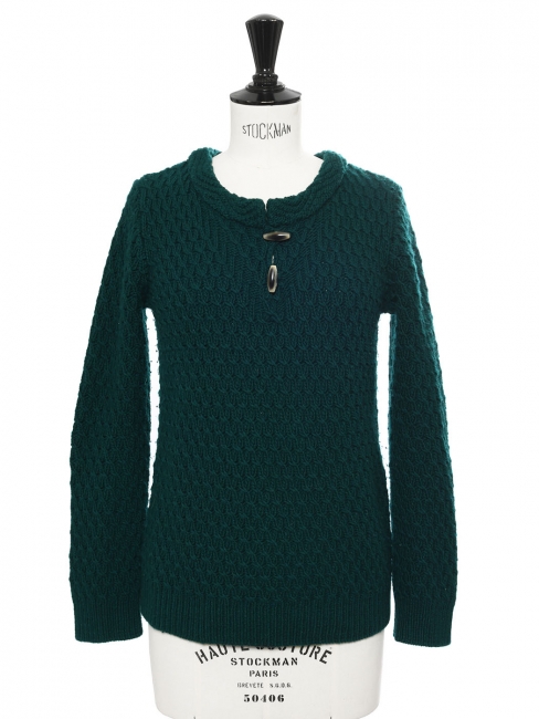 Pull col rond en grosse maille irlandaise de laine vert foncé Prix boutique 290€ Taille XS à S