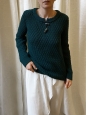 Pull col rond en grosse maille irlandaise de laine vert foncé Prix boutique 290€ Taille XS