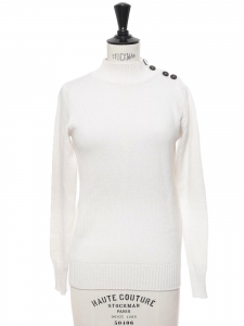 White cashmere wool sweater with black buttons at shoulder Retail price €1100 Size XS