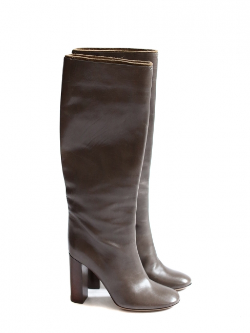 Taupe brown leather wooden heel boots Retail price €1000 Size 37