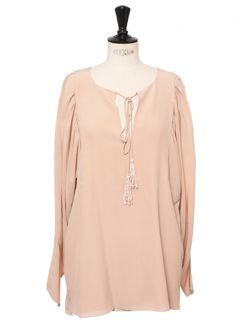 Blush pink tasseled silk crepe de chine romantic blouse Retail price $1295 Size 36