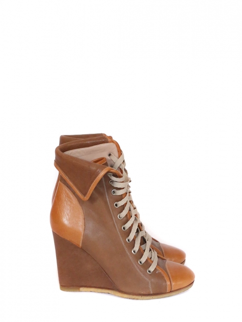Camel and hazelnut brown leather laced up wedge ankle boots NEW Retail price €600 Size 36.5