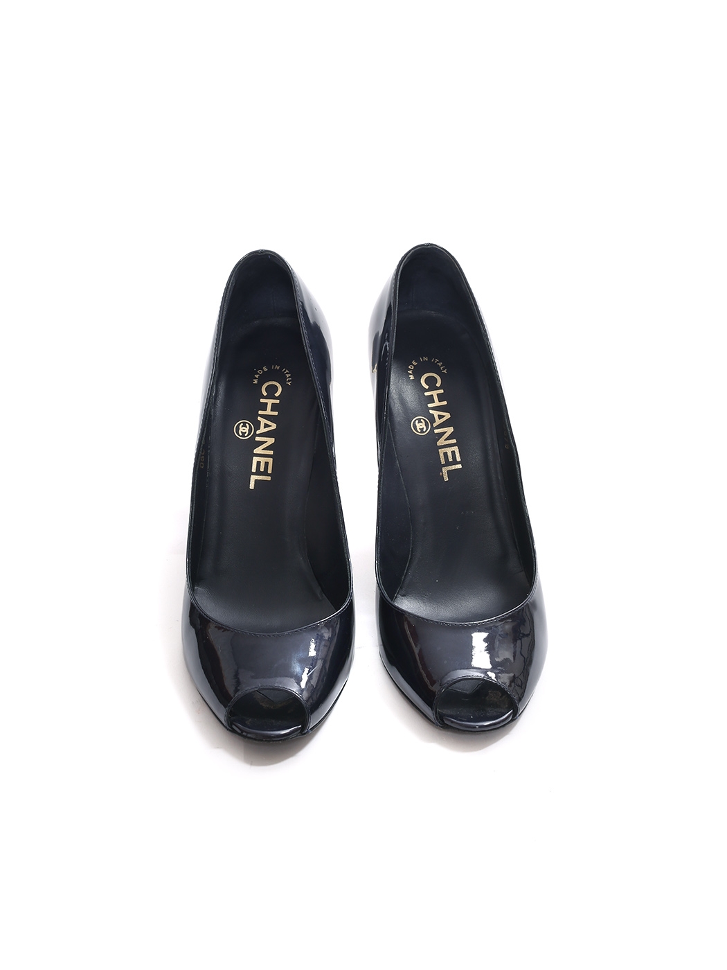 Boutique CHANEL Midnight blue patent leather peep toe pumps with golden  signature Retail price around €750 Size 37,5