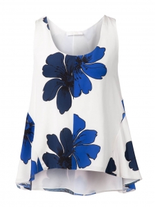 ICONIC white silk crepe tank top printed with navy and cyan blue flowers Retail price €480 Size 36