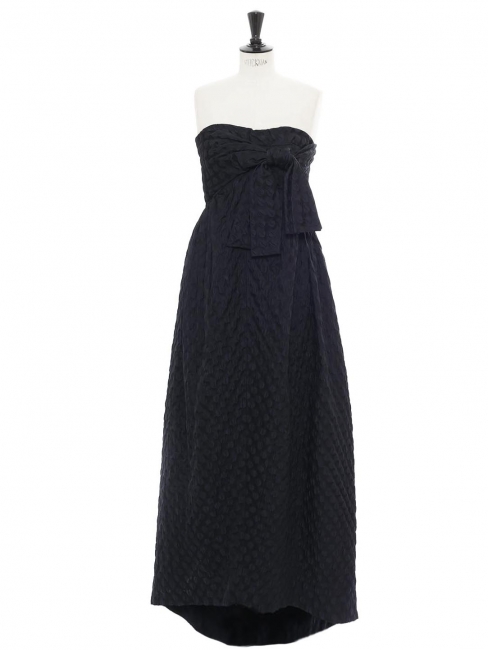 Longue robe de soirée bustier en soie bleu marine à pois Prix boutique 6000€