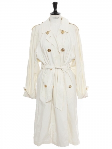 Cream white long trench coat with gold anchor buttons Size 38